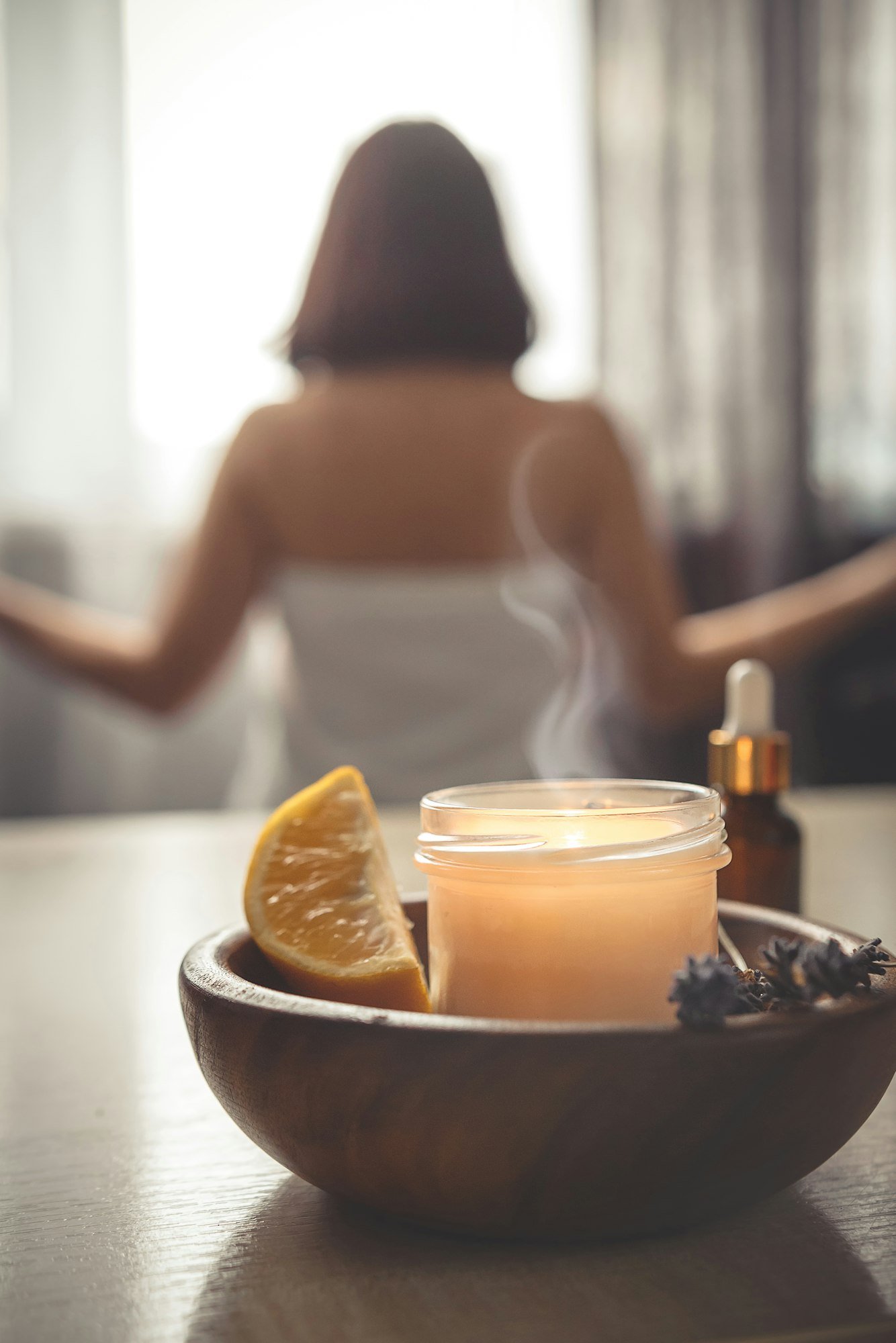 Wellness, health mental.Girl meditates yoga at home with aromatherapy.Care, Wellness , meditation